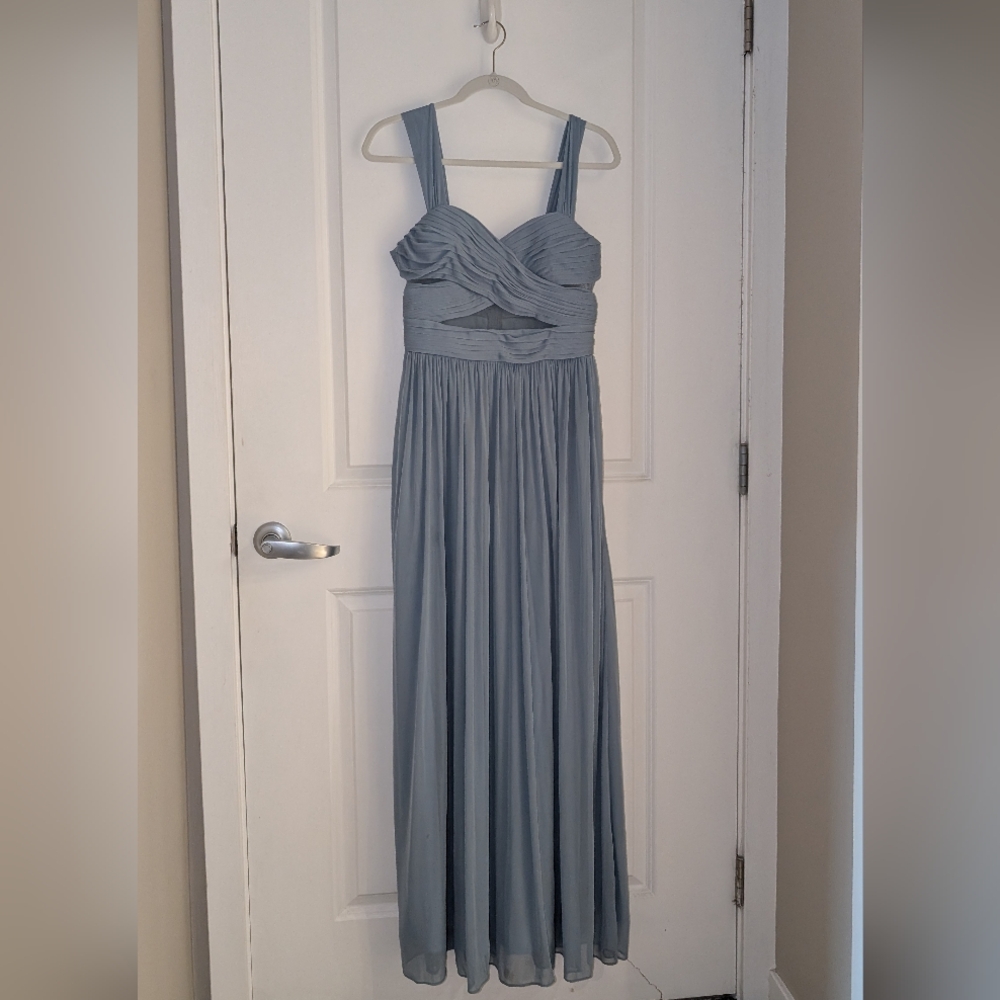 Birdy Grey Blue Pleated Maxi Dress Sweetheart Neckline